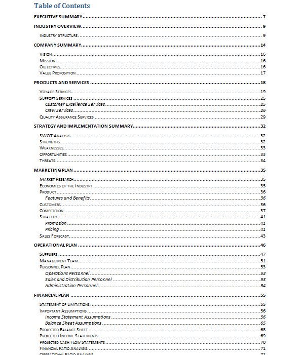 table of contents business plan sample